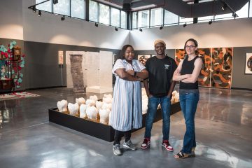 The Absa L’Atelier 2021 Ambassadors at the opening of their collaboration exhibition in the Absa Gallery, from left: Ayobola Kekere-Ekun, Michael Jackson Blebo and Adelheid Frackiewicz.