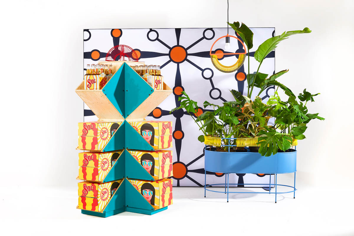 Sisonke pattern by Thandazani Nofingxana Chap Studio, Wambo Pendent with woven detail Mpho Vakier Urbanative, Mangbetu Planter with woven detail Mpho Vakier Urbanative, Bespoke Sol in-store display unit | SOL collaborates with South African furniture and lighting designers
