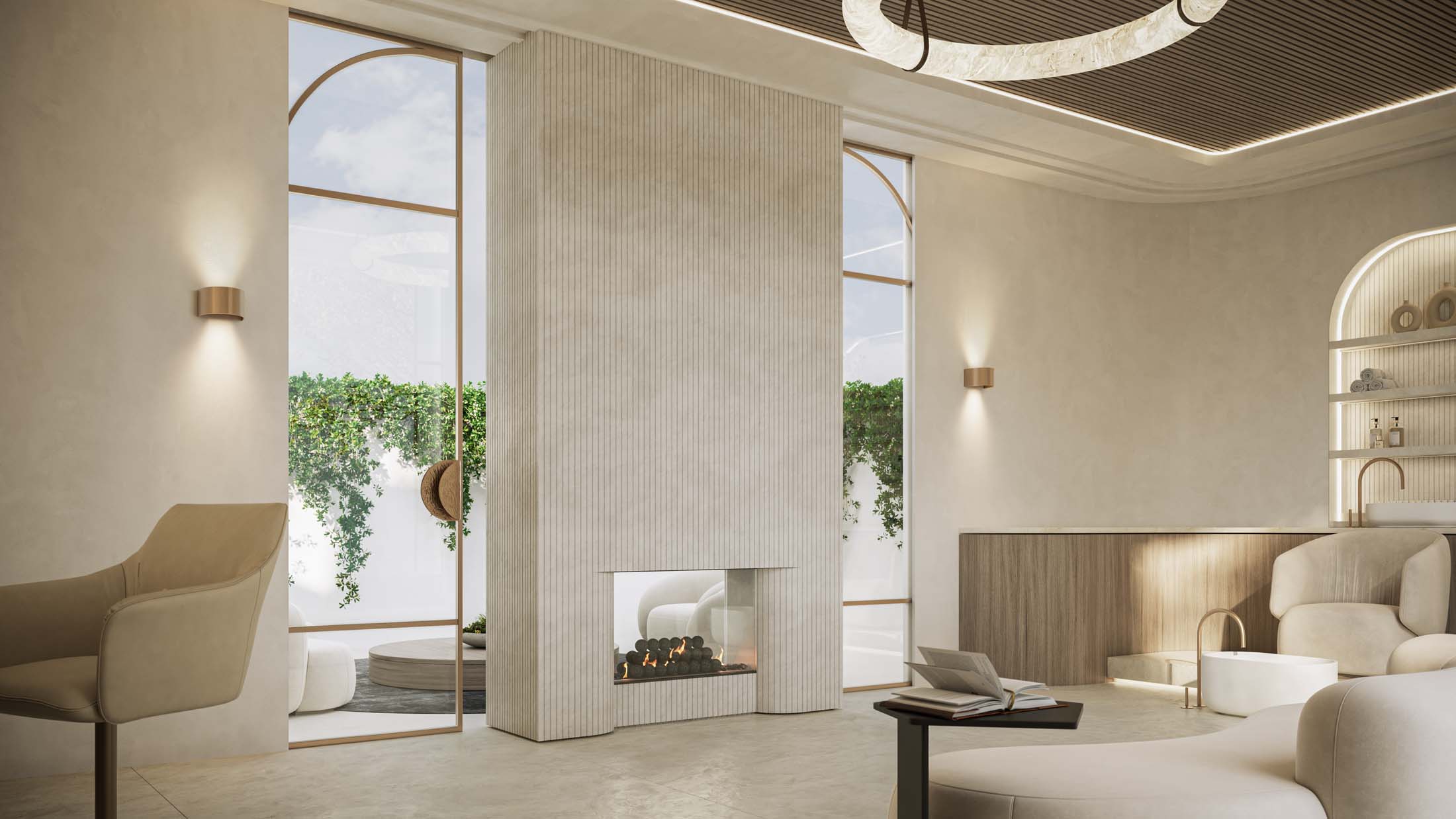  A chic and sophisticated glam room featuring the Dekton® Ukiyo collection's Nacre colorway, with its subtle textures creating an ambience of understated opulence.