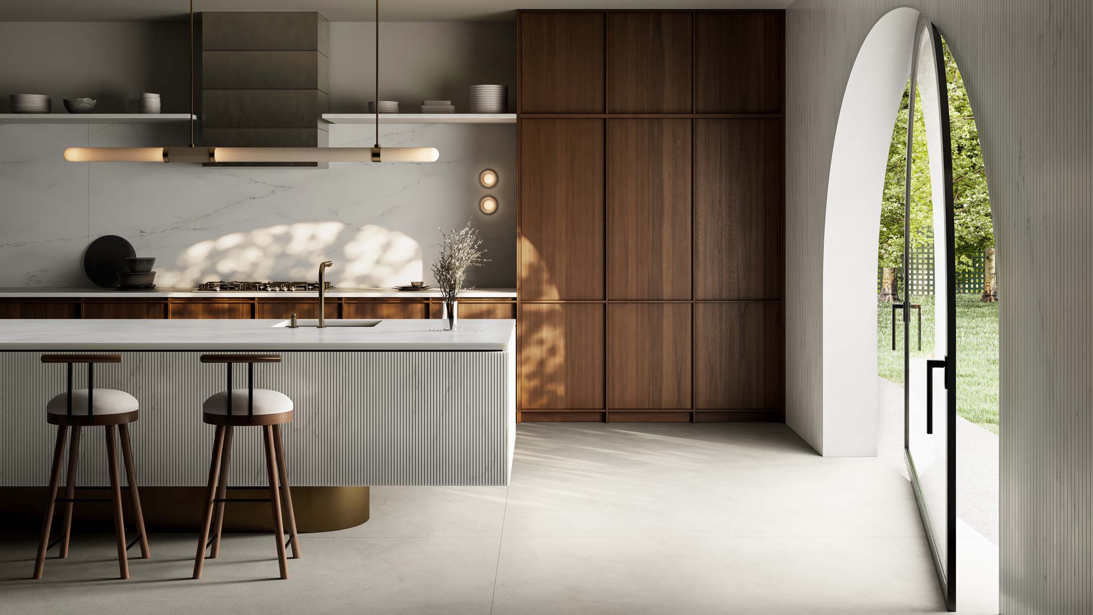 A contemporary kitchen space is adorned with Dekton® Ukiyo's Rem colorway, providing a sleek and durable surface that echoes the elegance of natural stone.