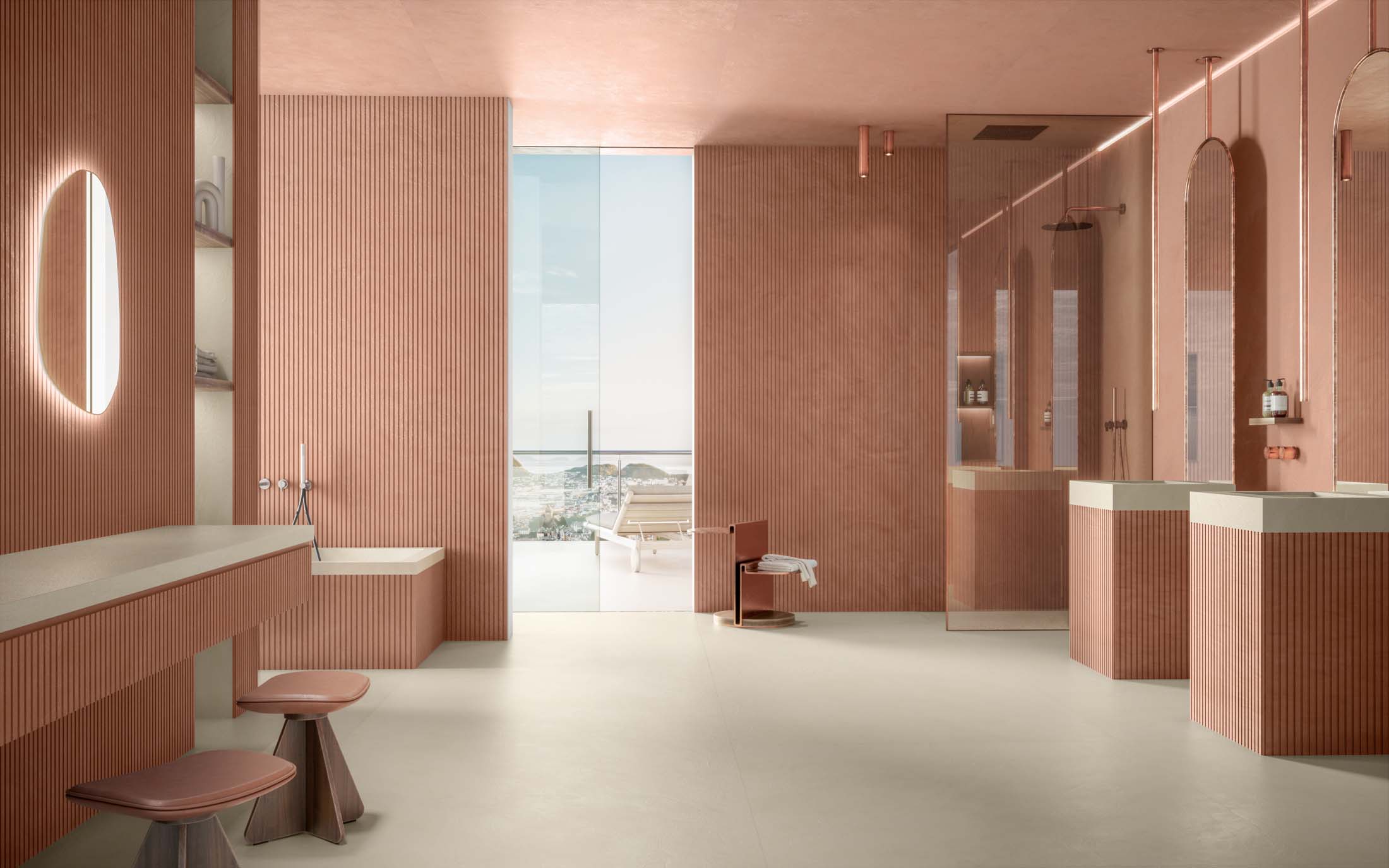 A spacious bathroom designed with the Dekton® Ukiyo collection, featuring the warm terracotta tones of the Umber colorway, blends contemporary design with the comfort of nature.
