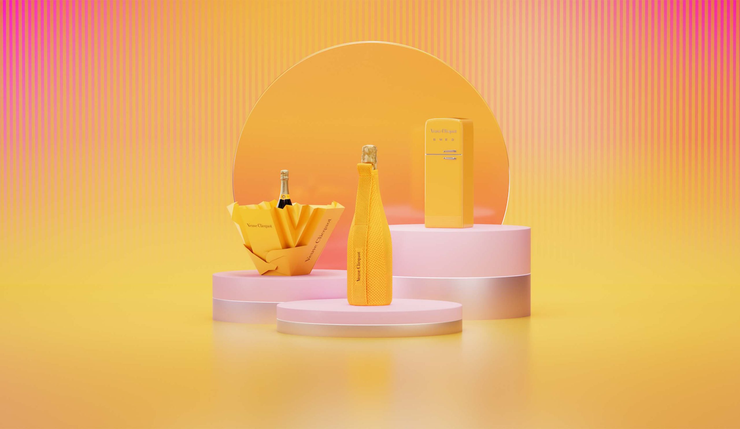 An array of Veuve Clicquot ICONS Collection items including the Smeg fridge, Ice Jacket, and Ice Box artistically arranged on pink platforms against a radiant yellow backdrop.