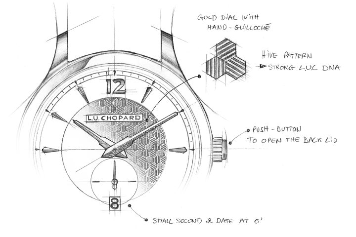 Sketch of the Chopard L.U.C XPS 1860 Officer Vendôme One watch highlighting the hand-guilloché dial and other design elements.