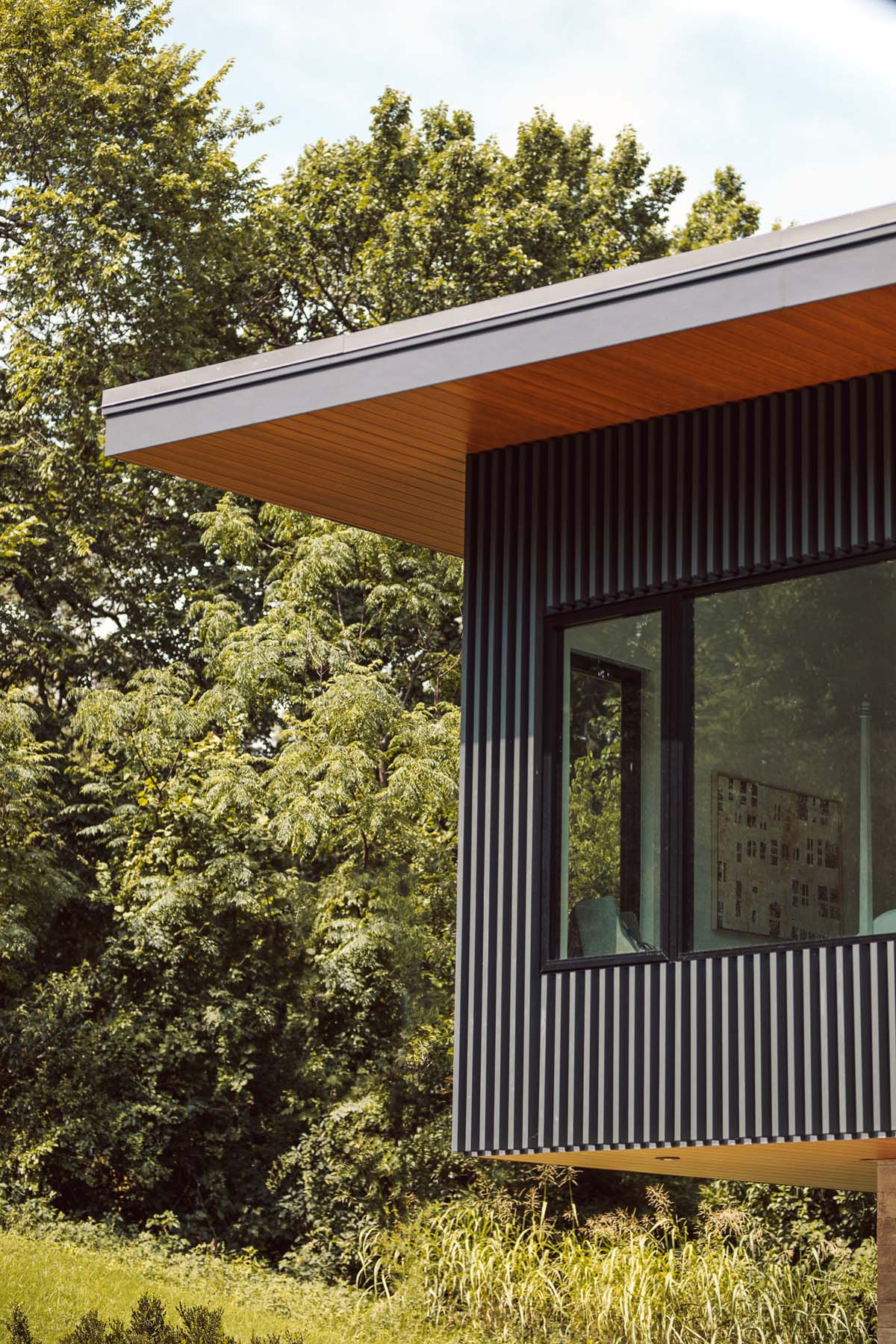 Corner view of Dissonant House with large windows framed by vertical aluminum battens, set against a lush green backdrop, merging modern architecture with natural surroundings.