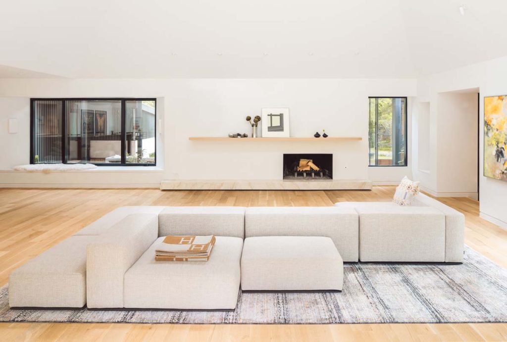 Spacious living room in Dissonant House featuring vaulted ceilings, expansive windows, and a minimal aesthetic, offering a seamless connection between indoor and outdoor spaces.