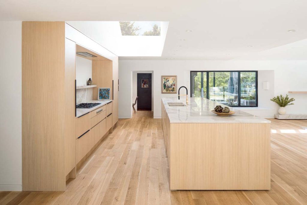 Large kitchen island in Dissonant House with a marble countertop and built-in sink, set against custom wood cabinetry and bathed in natural light from the overhead skylight.