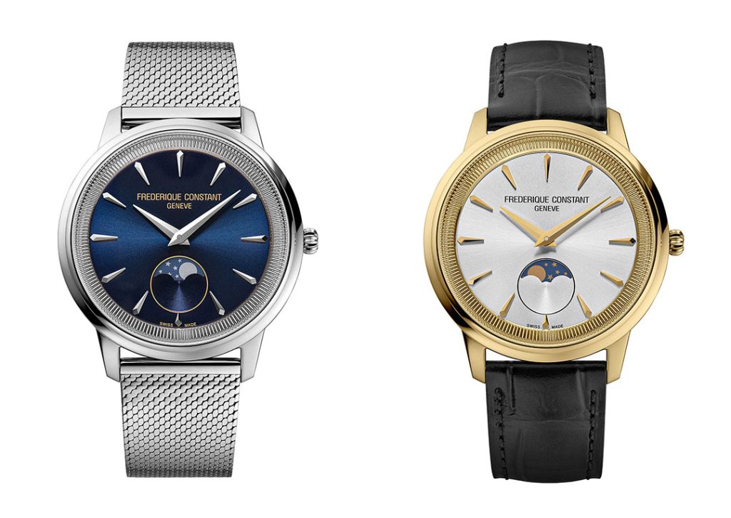 Frederique Constant Classics Moneta Moonphase in two variations: stainless steel with a blue dial and mesh bracelet, and yellow gold PVD with a silver dial and black leather strap.