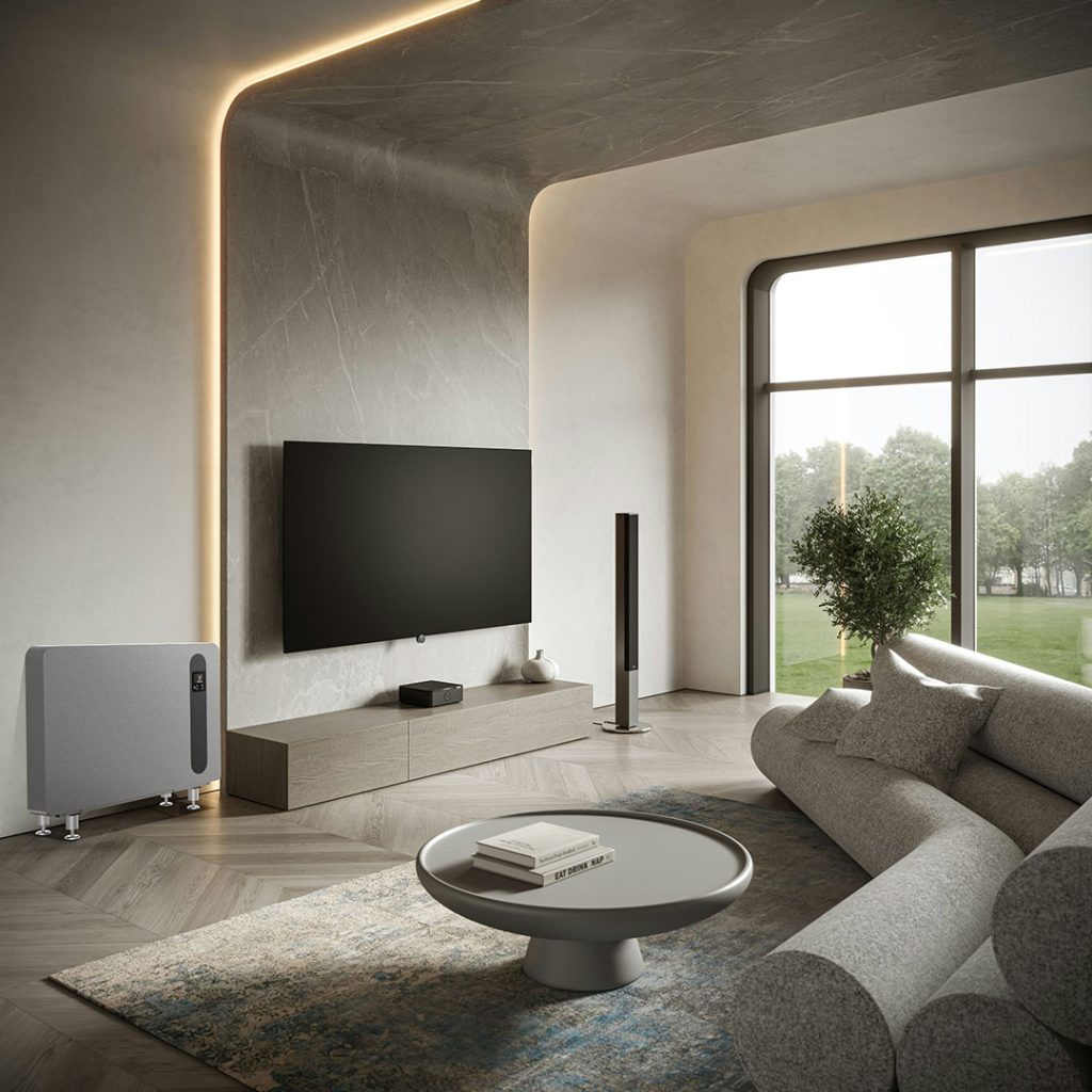 Modern coastal living room with a Solenco dehumidifier discreetly integrated into the space, showcasing designer air and humidity control for luxury interiors.